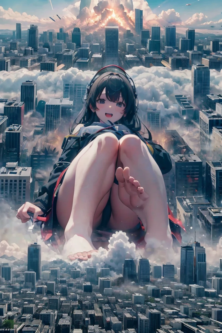 Cute alien invasion, attacking the world,👽、Giantess、Alien clothes、Yellow Eyeasterpiece、Highest quality、Giantessのイラスト、Giant Spaceman、Giant aliens、smile、Open mouth and show teeth、beautiful身体、simple、beautiful、Anime illustration、Trampling、Buildings being destroyed beneath our feet、I can see my feet、Draw a woman in a big way、Giantess、Hands on hips、giantess、Low - Angle、Small town view、Destroyed small town、Destroyed small building district、Smoke is rising、The fugitive々、Destructive illustration of a small city with buildings visible in the distance、Aerial photo of buildings