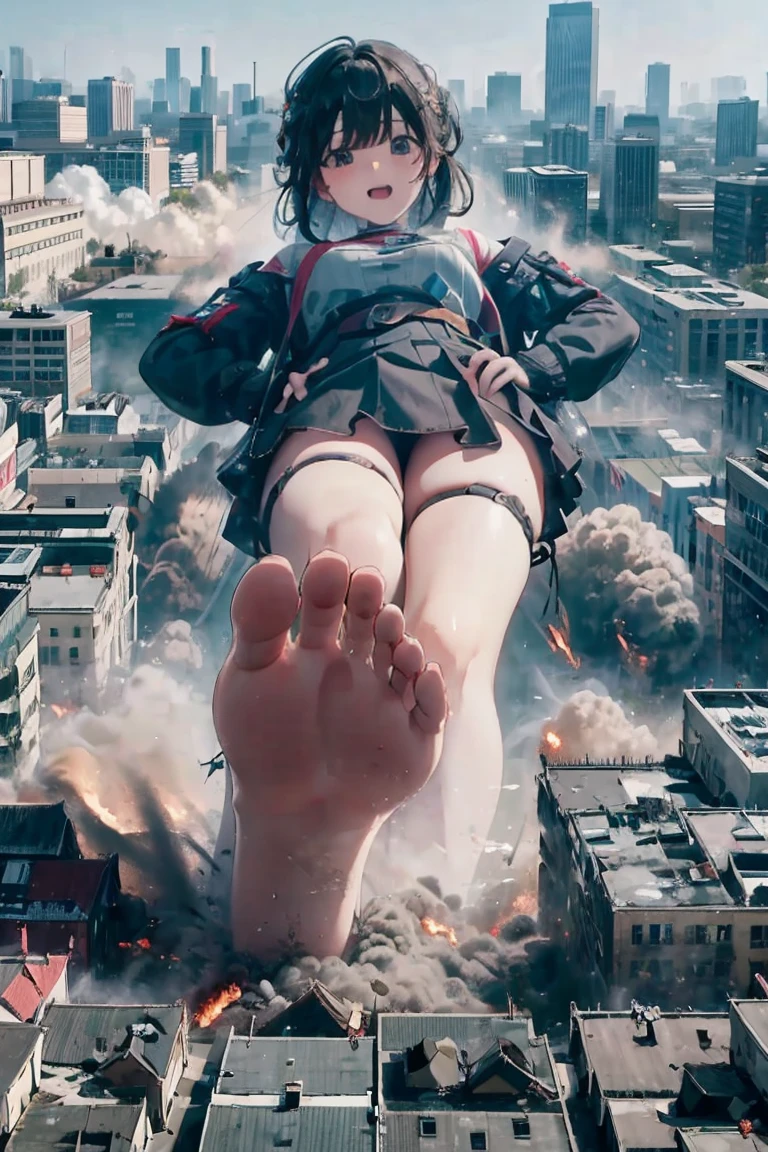 Cute alien invasion, attacking the world,👽、Giantess、Alien clothes、Yellow Eyeasterpiece、Highest quality、Giantessのイラスト、Giant Spaceman、Giant aliens、smile、Open mouth and show teeth、beautiful身体、simple、beautiful、Anime illustration、Trampling、Buildings being destroyed beneath our feet、I can see my feet、Draw a woman in a big way、Giantess、Hands on hips、giantess、Low - Angle、Small town view、Destroyed small town、Destroyed small building district、Smoke is rising、The fugitive々、Destructive illustration of a small city with buildings visible in the distance、Aerial photo of buildings