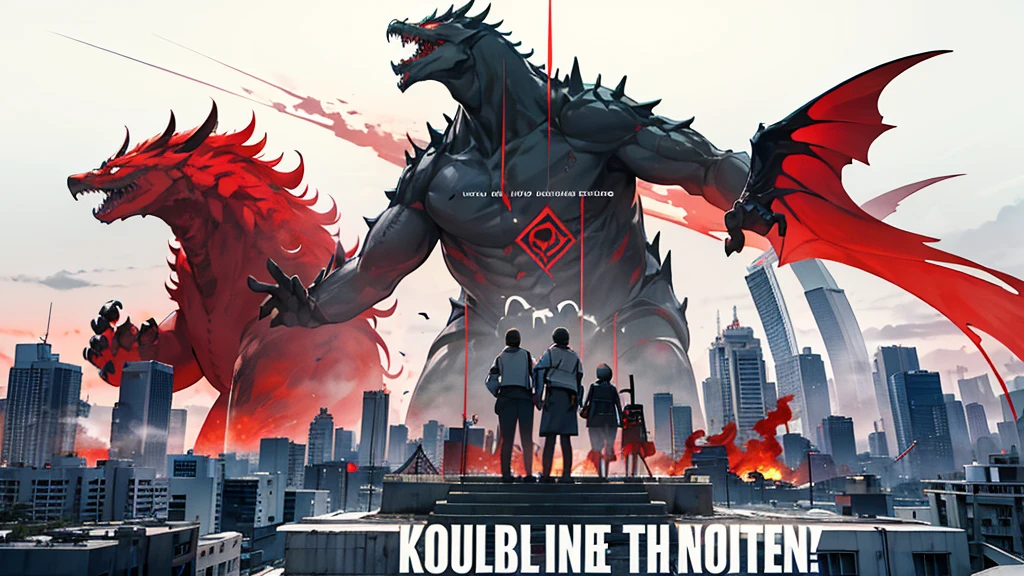: The silhouette of the nature conservation campaign in a silhouette double exposure. All kaijus are gray red. In the Background are a modern city and buildings. And text saying that "Let Them Fight"(spelling correct). Stylish in the style of double exposure photograph.