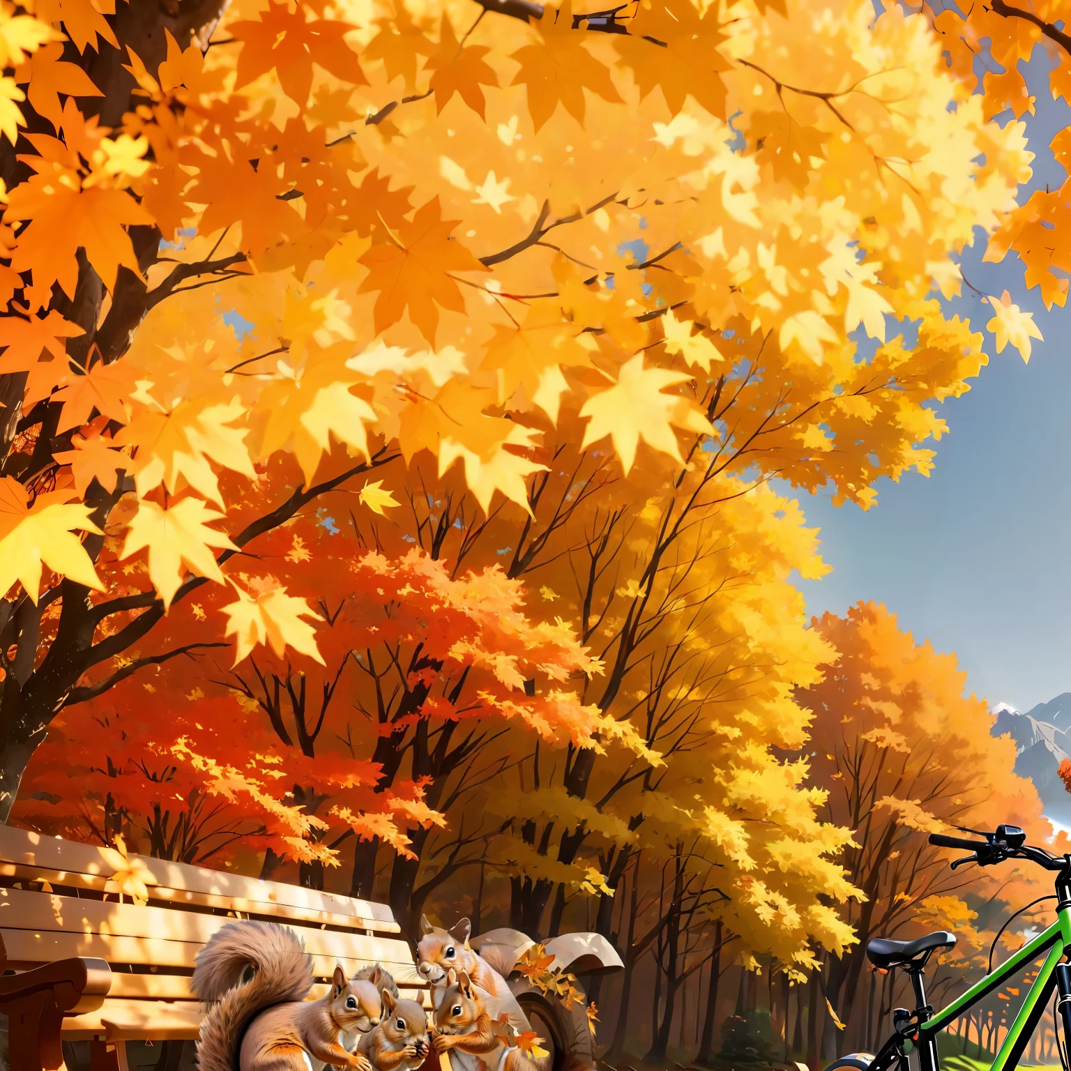 (Highest quality, High resolution), Landscape of autumn leaves.Vibrant colors,Low - Angle,

(古びたwood製のベンチ:1.3),(大きな楓のwood,Textured bark:1.2),a lot of fallen leaves, A winding road leading deep into the mountains,Warm earth tones, Soft and natural lighting.Autumn leaves background, Vibrant colorsの葉, The golden leaves gently fall, wood々Warm sunlight shining in from between, Peaceful and calm atmosphere, Soft rays of light illuminating the scene, The sound of rustling leaves, Fresh, cool air,  A carpet of fallen leaves on the ground, Quiet and picturesque setting, Natural beauty in full bloom, 