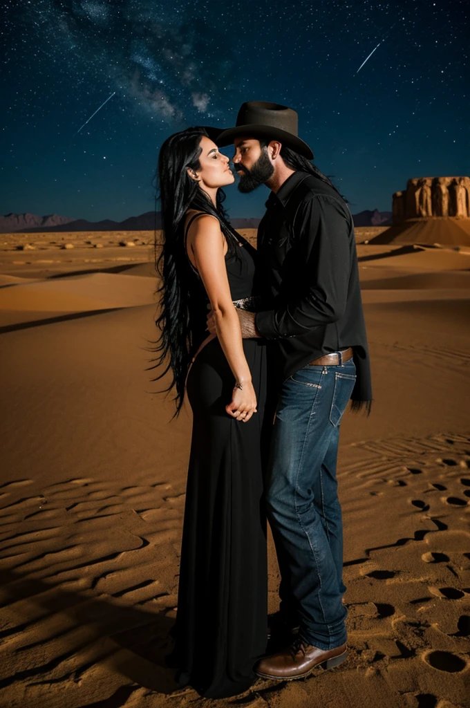 A cowboy with long black hair and a beard wearing a black outfit kissing a cowgirl with long black hair wearing a black outfit in the desert at nighttime