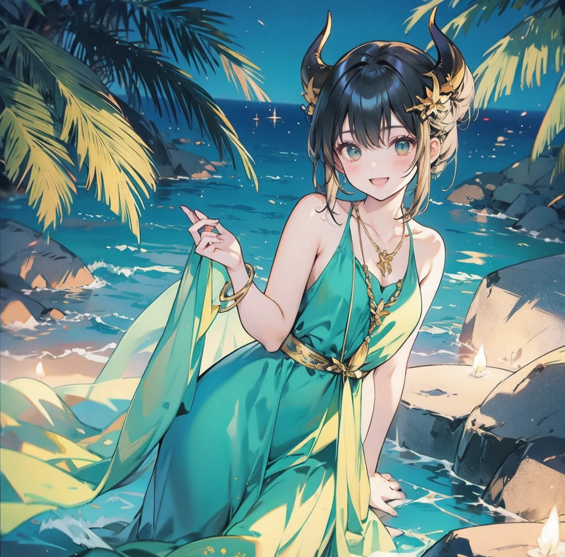 One woman、Gorgeous green swimsuit、,race,Black Hair、Short bun hair、hair ornaments、necklace、back、Golden devil horns、Anatomically correct,、Night beach、smile、Night Pool