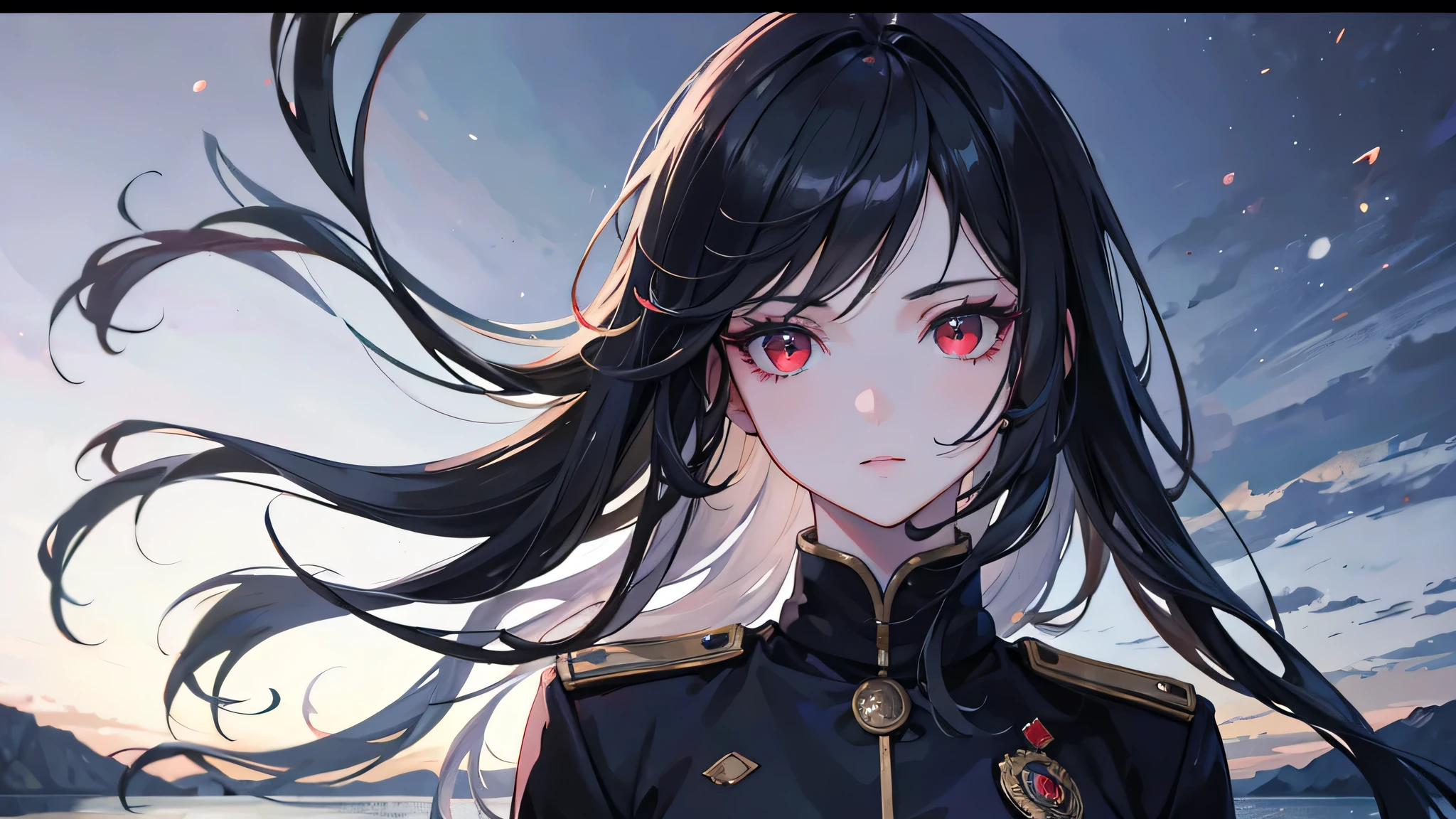 a beautiful young girl in a black military uniform, black long hair, red eyes, standing under a full moon with the moonlight casting shadows on her face, reflected in the calm waters of a lake, with ethereal, fantastical atmosphere, (best quality,4k,8k,highres,masterpiece:1.2),ultra-detailed,(realistic,photorealistic,photo-realistic:1.37),highly detailed face, eyes, lips, long eyelashes, dramatic lighting, dramatic shadows, beautiful detailed eyes, beautiful detailed lips, extremely detailed eyes and face, long eyelashes, military uniform, black hair, red eyes, full moon, moonlight, lake, water reflection, light particles, fantasy, dramatic, cinematic