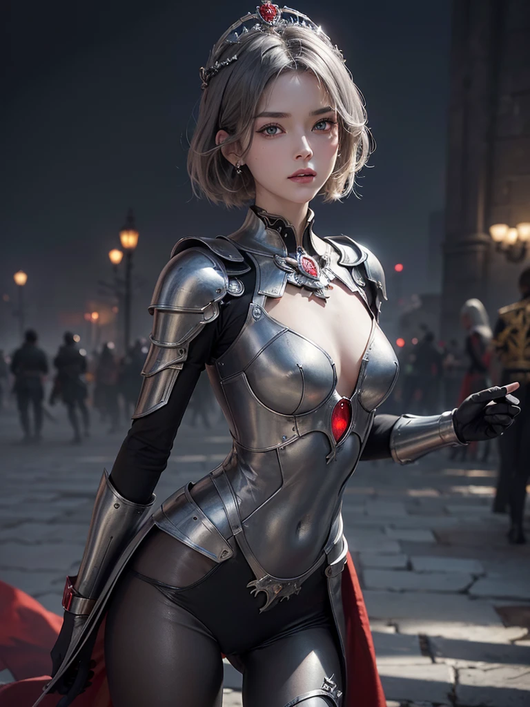 Masterpiece,Best quality,High resolution,8K,((Portrait)),(Head close-up),Original photo,Real photo,Digital photo,20 year old girl,((Short gray hair)),((Eyes red,Devil's eyes),Jewelry,Beautiful elegant,Arrogant,Noble and charming,(Fantasy battle suit),(Devil's body),Crown,(Battle girl),Pose for photo,Night,Ancient city background,OC render reflection texture