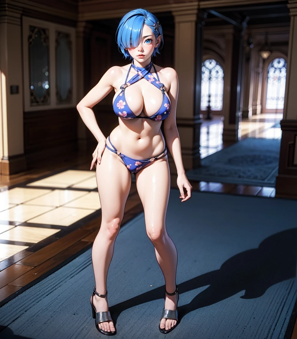 Masterpiece, best quality, 16k resolution, NVIDIA RTX Ray Tracing technology, Create a 4K resolution, ultra-realistic, and extremely detailed artwork, award winning, retina, soft light, sharp focus.(hyper-realistic:1.4) , (full body:1.5), (((solo)))

Rem from rezero, (remrin), blue hair, short hair, (hair over one eye:1.3), blue eyes, Nlue bikini, detailed bikini, happy

looking at viewer, strongly ashamed, embarrased, blushing, epic, cinematic, dramatic, reflective, shining, purple glow, big breasts, cleavage, sexy, modeling pose, turned

smooth perfect skin, smooth_skin

Beautiful、(red blush)、big breasts, 

FULL BODY SHOT, ultra wide angle, textured skin, face detail, clean skin, perfect hands, perfect anatomy, anatomically correct