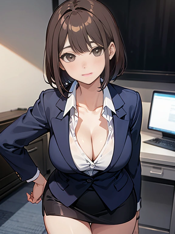 (Highest quality, 8K, 32k, masterpiece, Ultra-high resolution: 1.2), 1 Girl, Beautiful Japanese Woman, thinウエスト, Gray suit, Open jacket, 魅力的なoffice Lady, suit, Tight Skirt, office, office, machine, Beautiful Face, Brown Hair, Bob Hair, Saggy eyes, Slender figure,Cleavage, thin, whole body, Detailed expression down to the fingertips,Sexy thighs, One Woman, alone, A charming smile