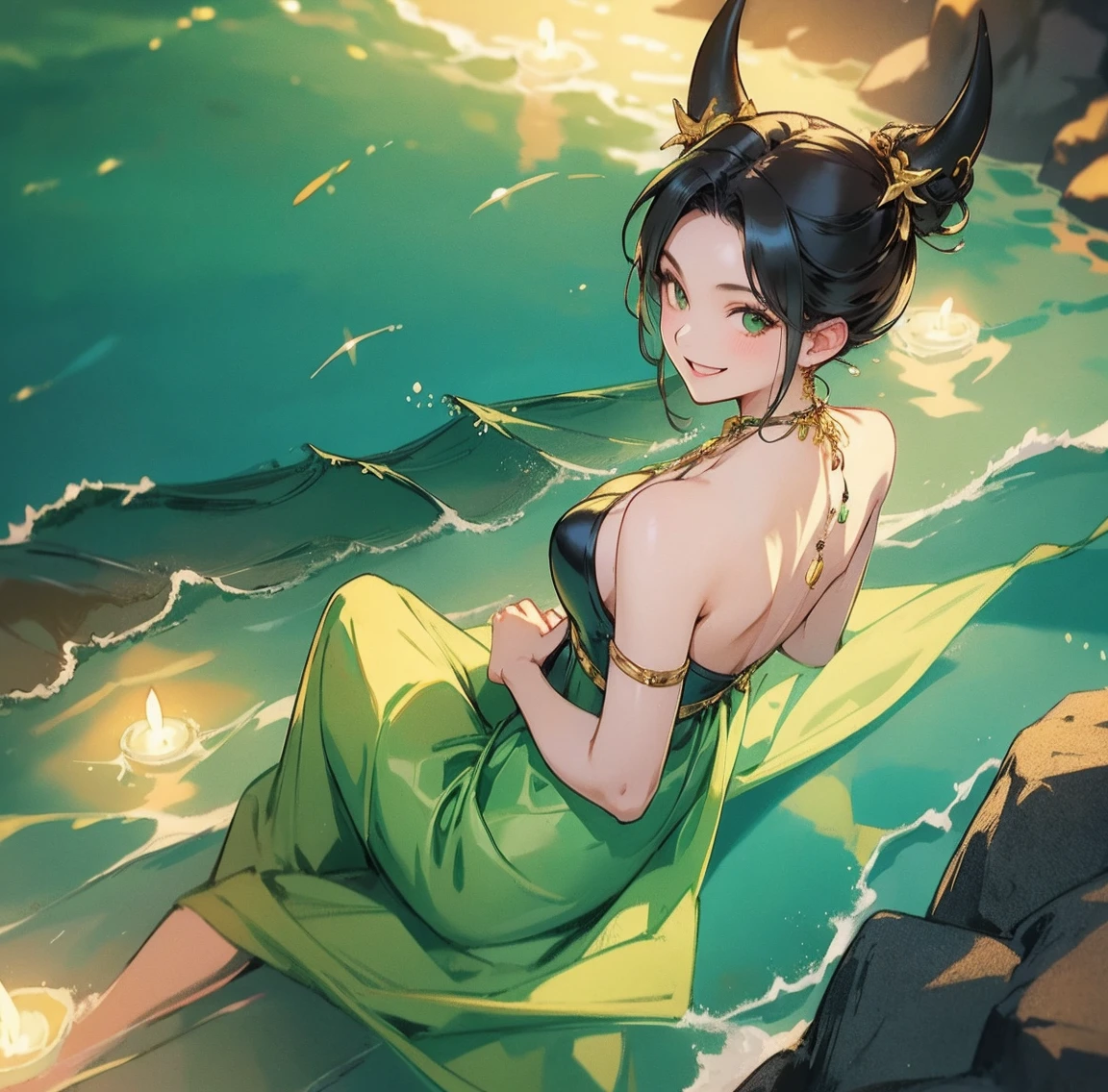 One woman、Gorgeous green swimsuit、,race,Black Hair、Short bun hair、hair ornaments、necklace、back、Golden devil horns、Anatomically correct,、Night beach、smile、Night Pool