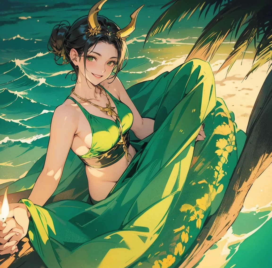 One woman、Gorgeous green swimsuit、,race,Black Hair、Short bun hair、hair ornaments、necklace、back、Golden devil horns、Anatomically correct,、Night beach、smile、Night Pool