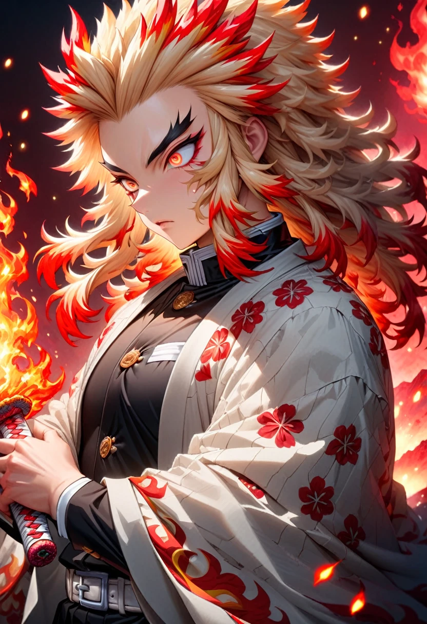 Super detailed, High resolution, Absurd, High resolution, masterpiece, Rengoku Kyojuro, Blonde, Expressive golden eyes, White Haori with a Flame Pattern, Black Demon Slayer uniform, Kimetsu no Yaiba, Fantasy, petal, Red flower, good looking, sexy man Grabbing a sword, alone, magic, shining red fireflies, Red Moon, Highest quality, Highly detailed face and eyes, fire, Grabbing a sword