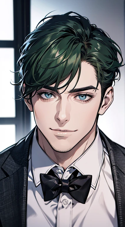 (best quality,4k,8k,highres,masterpiece:1.2),ultra-detailed,(realistic,photorealistic,photo-realistic:1.37),1 man,31 years old,mature man,very handsome,without expression,smile,short green hair,blue eyes,penetrating gaze,perfect face without errors,imposing posture,businessman,office background,cinematic lighting,hdr image