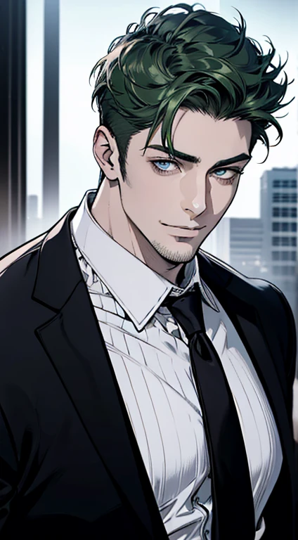 (best quality,4k,8k,highres,masterpiece:1.2),ultra-detailed,(realistic,photorealistic,photo-realistic:1.37),1 man,31 years old,mature man,very handsome,without expression,smile,short green hair,blue eyes,penetrating gaze,perfect face without errors,imposing posture,businessman,office background,cinematic lighting,hdr image