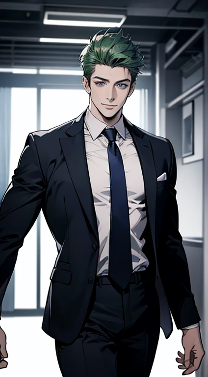 (best quality,4k,8k,highres,masterpiece:1.2),ultra-detailed,(realistic,photorealistic,photo-realistic:1.37),1 man,31 years old,mature man,very handsome,without expression,smile,short green hair,blue eyes,penetrating gaze,perfect face without errors,imposing posture,businessman,office background,cinematic lighting,hdr image