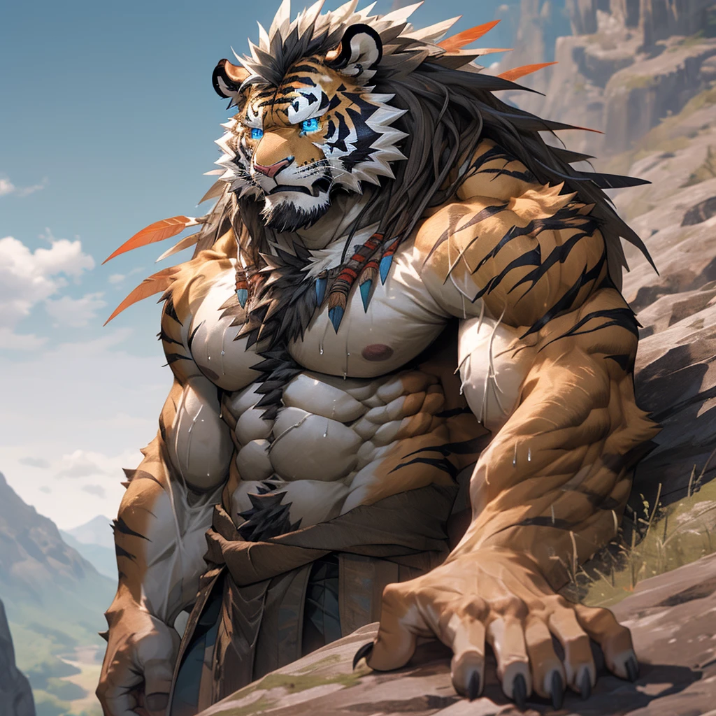 Heavy sweating,muscular,Topless,Stand on a cliff at the top of the mountain,hairy,personification,chest hair,Serious expression(Scars on the face) Mature (blue eyes)Huge muscle ripped abs wild, Tribal Chief Tiger