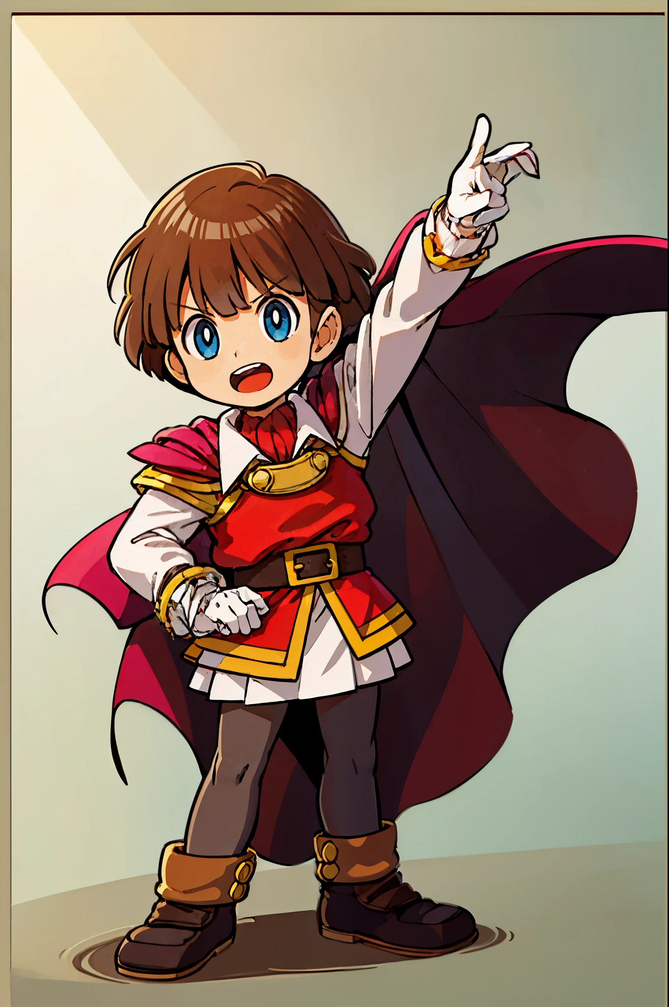 (Highest quality:1.3),(masterpiece:1.4),(Anatomically correct),(All limbs),(Refers to the whole),(Accurate fingertips),(Finer details),(8K),From photorealism, (90s Anime,90s Anime style,cheer up,cel animation), (Hyper Detail:1.15), (Subtle details), (Intricate details),(supermodel:1.3), (alone:1.5),((Prince Sable:1.52)),(One boy:1.5), Cartoon image of a young girl in medieval costume holding a sword, jRPG characters art, jRPG characters, Final Fantasy Tactics characters, maple story character art, Epic Battle Fantasy Natalie, RPG Characters, Young Wizard, Female main character, Official character art, main character, Female main character 👀 :8, Hero Characters, Coriolis RPG art style,
((White gloves:1.52)),((手を開く、Hold up your hands,Open your arms:1.37)),Top view,