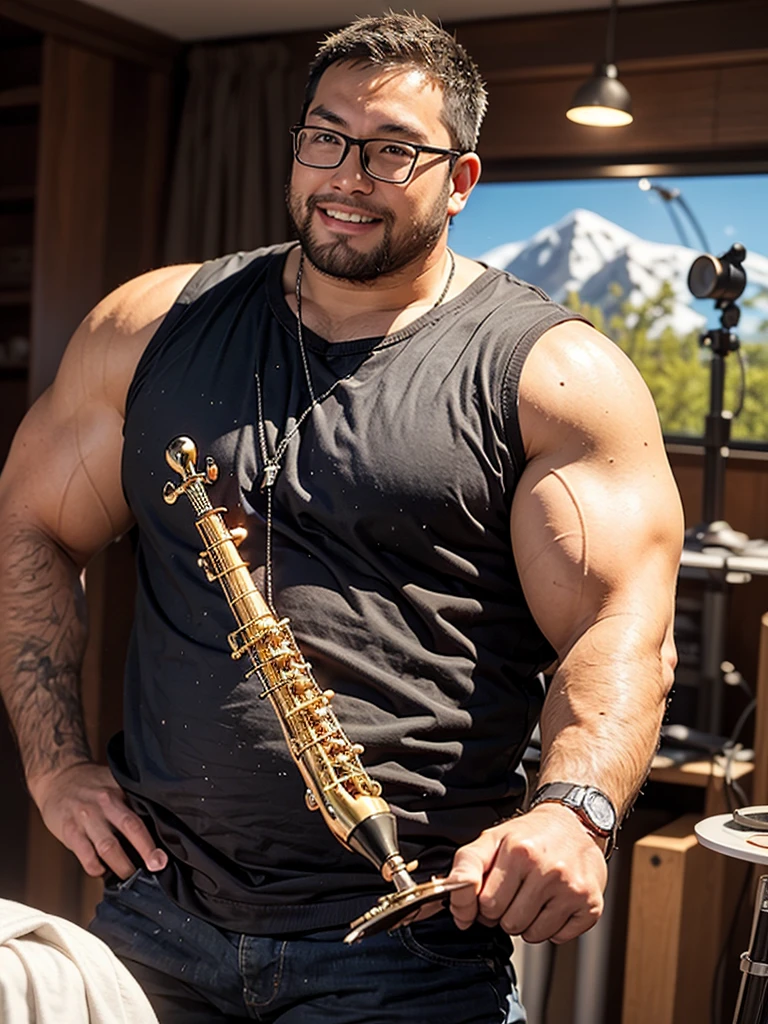 crew cut, (((full body))), (((landscape))), mature man, [slightly fat], asian man, rounded face, brown eyes, ((rounded face)), glasses, balding, 1boy, Solo, (big shoulders), musculature, (((stubbles, Short beard))), playing musical instrument, in a recording room,