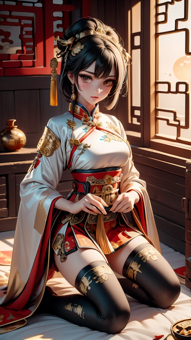 A very beautiful 19-year-old woman, (white hair:0.5), bob haircut, short hair, (yellow eyes:0.5) bright golden eyes, red nails, young beautiful face, muscular, slim but well-proportioned body, perfect white skin, highly detailed drawing, realistic face. (((Wearing traditional Chinese imperial clothes, ornately decorated in black with gold details:1.5))) ((red skirt with golden details,)) (with red Hanafuda earrings,) (garterbelt black thigh-high socks.) Kneeling on a white bed in an ancient Chinese room, with a full moon and stars visible through the window at night, with light flashes refleting on hear body. 4k anime ART, perfect lighting