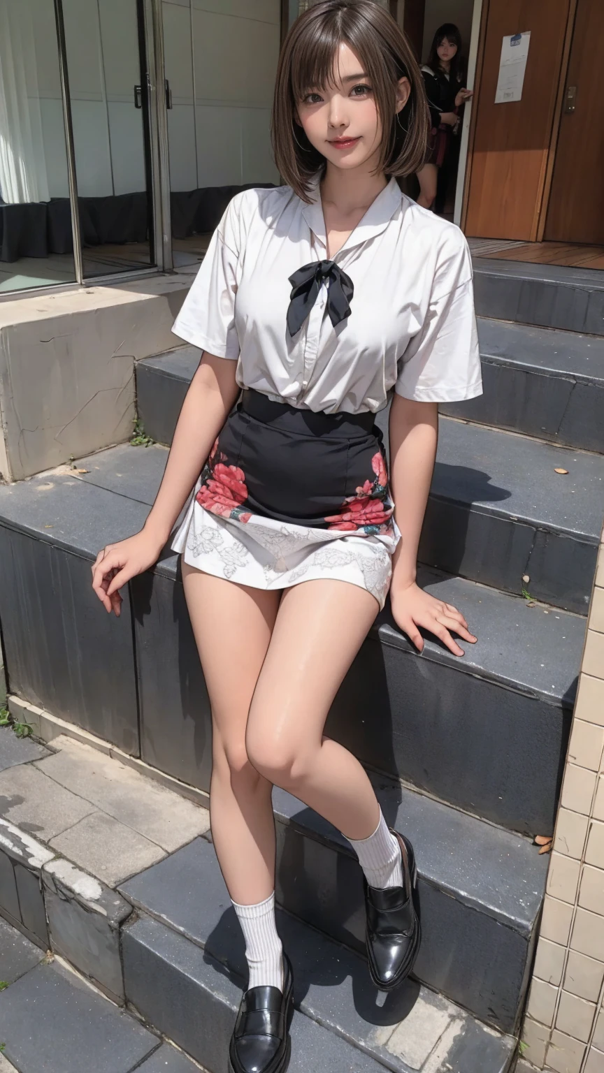 ((masterpiece)),(((Highest quality))),Thin thighs,Long legs,An 18-year-old woman standing on the steps of her school,Japan uniform:1.5,White camellia floral lace bra:1.5,open chest white shirt,The best smile,Short-cut blonde:1.5,short side wave,Wear black loafers,Spreading her legs