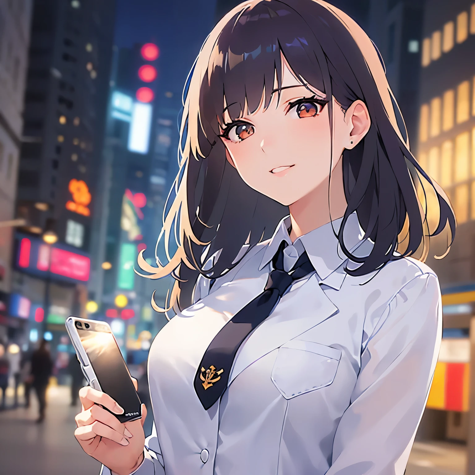 (A 25-year-old woman with bob hair and bangs:1.5)、lookin at viewer,upper Body, Realistic, real person, (pale skin: 1.2), RAW photo, photorealistic, shiny skin, shiny hair、and (wavy hair:1.5) and (brown hair) and (Orange Eyes)、 (business suit)and (Wearing a white collared shirt)、 blush,smile,The background is the city at night、Night Sky