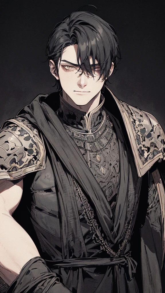 Best quality, (background_detail), high_contrast, detail_original_illustration, warrior, muscular, villain face, armored, full_body, medieval, crease between eyes, young man, man in 20s, dark_stitch_landscape, (dramatic_lighting:1. 25), (shaded_background:1.2), black_hair, (short black hair:) 1.1 ), Large figure, Delicate face, Evil smile, Sharp eyes, Black background, (Black background:1.5), Beautiful line drawing, Black and white