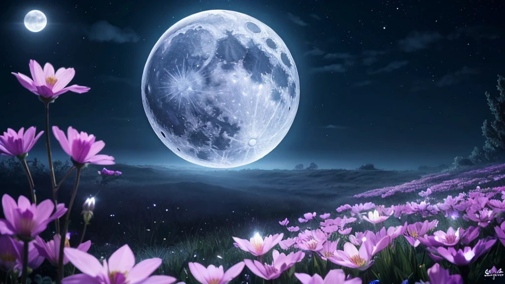 Prompt: “A flower illuminated by moonlight on a full moon night, petals glowing silver, floating in the night sky against a mystical background, depicting the ethereal Lunatix Flora.”