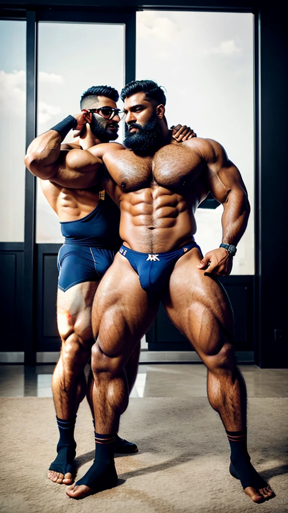 Huge hot indian beared man Muscled hunk, with muscled bouncer huge chest, muscles hairy arms, biceps, triceps, abs, wrist, fingures, black underwear, no pant, with big huge bouncer hairy muscled legs, thighs, calfs, huge bulge, hot bulge, navy socks, realistic, high-quality, oiled body, erotic, seducing, prime lens cinematic, professional, full body portrait, detailed face, iconic, photorealistic, cleavage, symmetric face, masterpiece, 8k, ultra realistic, pornography view, two mens kissing together in one photo, top to bottom, full body view, full nude