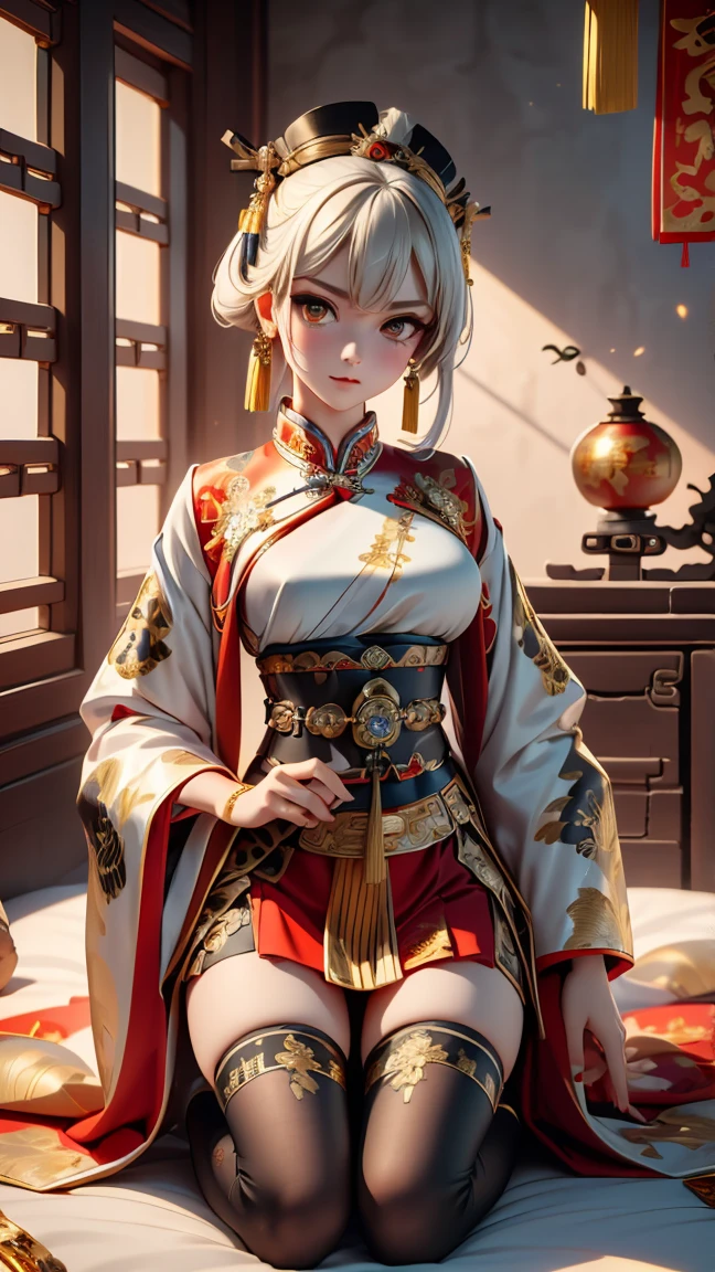 A very beautiful 19-year-old woman, (white hair:0.5), bob haircut, short hair, (yellow eyes:0.5) bright golden eyes, red nails, young beautiful face, muscular, slim but well-proportioned body, perfect white skin, highly detailed drawing, realistic face. (((Wearing traditional Chinese imperial clothes, ornately decorated in black with gold details:1.5))) ((red skirt with golden details,)) (with red Hanafuda earrings,) (garterbelt black thigh-high socks.) Kneeling on a white bed in an ancient Chinese room, with a full moon and stars visible through the window at night, with light flashes refleting on hear body. 4k anime ART, perfect lighting