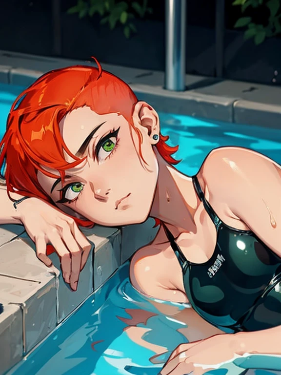 ((Gwendolyn_Tennyson, Shaved side)), (Female Body, Swimsuits aside), グウェン・Tennyson, short hair, Glossy body, Wet body, Dark green eyes, (Medium chest, Pool Background)