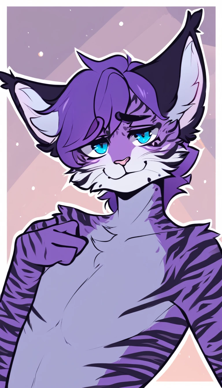 adult, feline, mammal, anthro, anthromorphic, cat, striped, fur, furred_anthro, femboy, male, dark_blue, ear_tufts, paws, hair_tuft, hair_between_eyes, long_tail, fluffy, expressive_eyes, purple_hair, light, galaxy_fur, looking_at_viewer, light_blue_chest, shy, small_pupils, spotted_pattern, stripes, digital_art, high_resolution, high_res, background shy, head_visible, neck_visible, profile_picture, seductive_face, white_outline, angry_expression