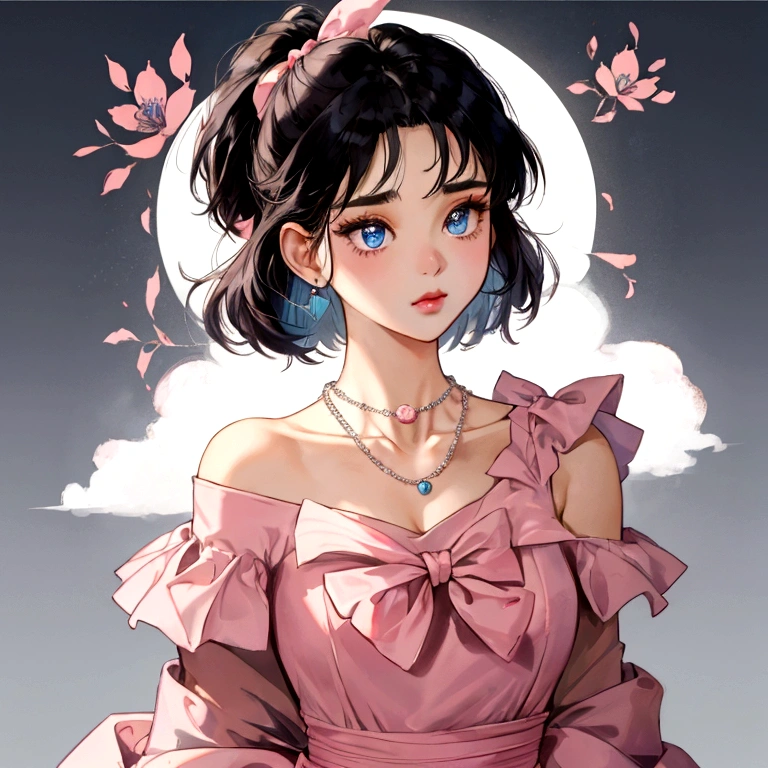 A retro girl(Cute:1.3 points),(Eighties:1.4 points),(Retro Hong Kong style:1.3 points),Showa manga,1990s animation style,Vintage jewelry,Black short hair,earrings,necklace,Blue Eyes,Bow,Bust,clavicle,Pink lips,Off-shoulder tops,黑色necklace,Bangs,Simple background,(Gray tone:1.2)