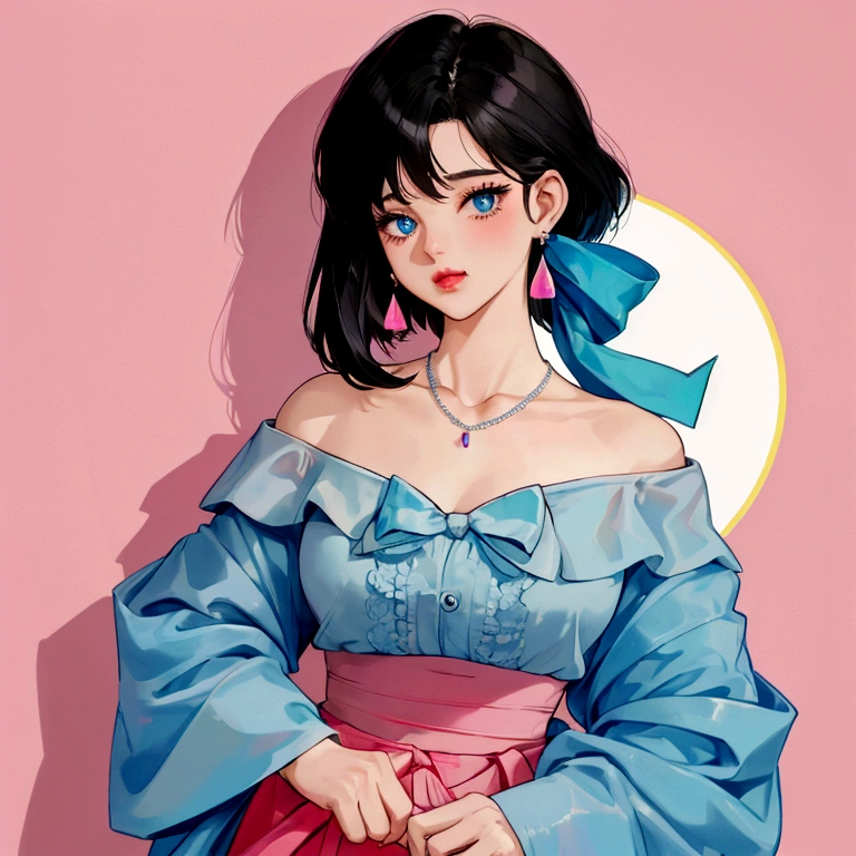 A retro girl(Cute:1.3 points),(Eighties:1.4 points),(Retro Hong Kong style:1.3 points),Showa manga,1990s animation style,Vintage jewelry,Black short hair,earrings,necklace,Blue Eyes,Bow,Bust,clavicle,Pink lips,Off-shoulder tops,黑色necklace,Bangs,Simple background,(Gray tone:1.2)