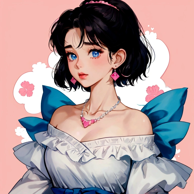 A retro girl(Cute:1.3 points),(Eighties:1.4 points),(Retro Hong Kong style:1.3 points),Showa manga,1990s animation style,Vintage jewelry,Black short hair,earrings,necklace,Blue Eyes,Bow,Bust,clavicle,Pink lips,Off-shoulder tops,黑色necklace,Bangs,Simple background,(Gray tone:1.2)
