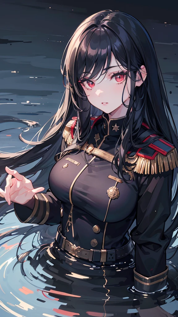 a beautiful young girl in a black military uniform, black long hair, red eyes, standing under a full moon with the moonlight casting shadows on her face, reflected in the calm waters of a lake, with ethereal, fantastical atmosphere, (best quality,4k,8k,highres,masterpiece:1.2),ultra-detailed,(realistic,photorealistic,photo-realistic:1.37),highly detailed face, eyes, lips, long eyelashes, dramatic lighting, dramatic shadows, beautiful detailed eyes, beautiful detailed lips, extremely detailed eyes and face, long eyelashes, military uniform, black hair, red eyes, full moon, moonlight, lake, water reflection, light particles, fantasy, dramatic, cinematic