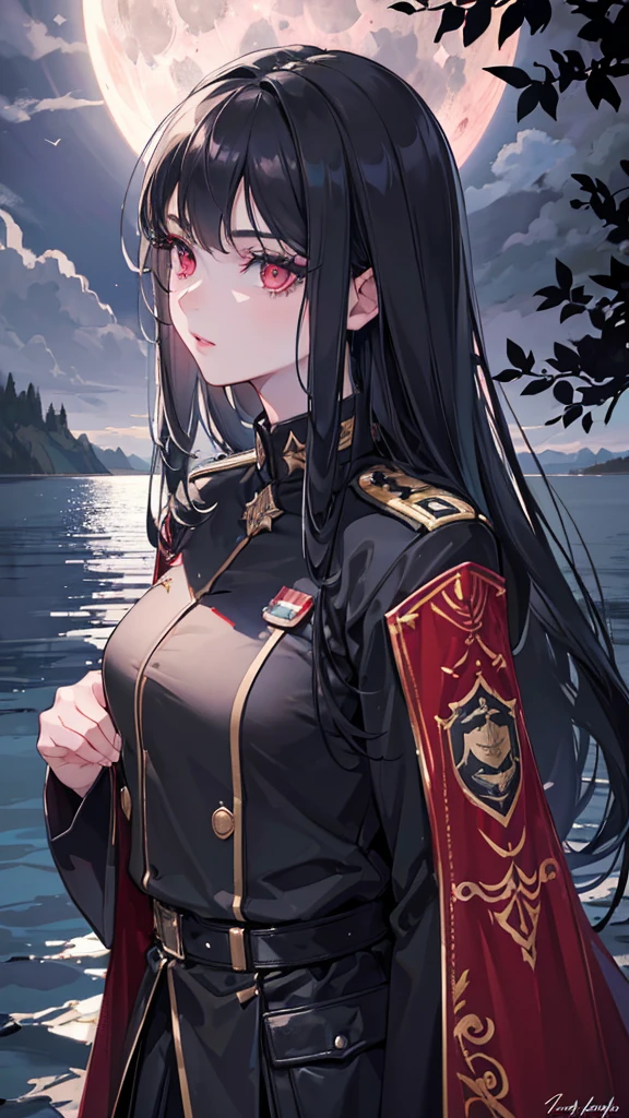 a beautiful young girl in a black military uniform, black long hair, red eyes, standing under a full moon with the moonlight casting shadows on her face, reflected in the calm waters of a lake, with ethereal, fantastical atmosphere, (best quality,4k,8k,highres,masterpiece:1.2),ultra-detailed,(realistic,photorealistic,photo-realistic:1.37),highly detailed face, eyes, lips, long eyelashes, dramatic lighting, dramatic shadows, beautiful detailed eyes, beautiful detailed lips, extremely detailed eyes and face, long eyelashes, military uniform, black hair, red eyes, full moon, moonlight, lake, water reflection, light particles, fantasy, dramatic, cinematic
