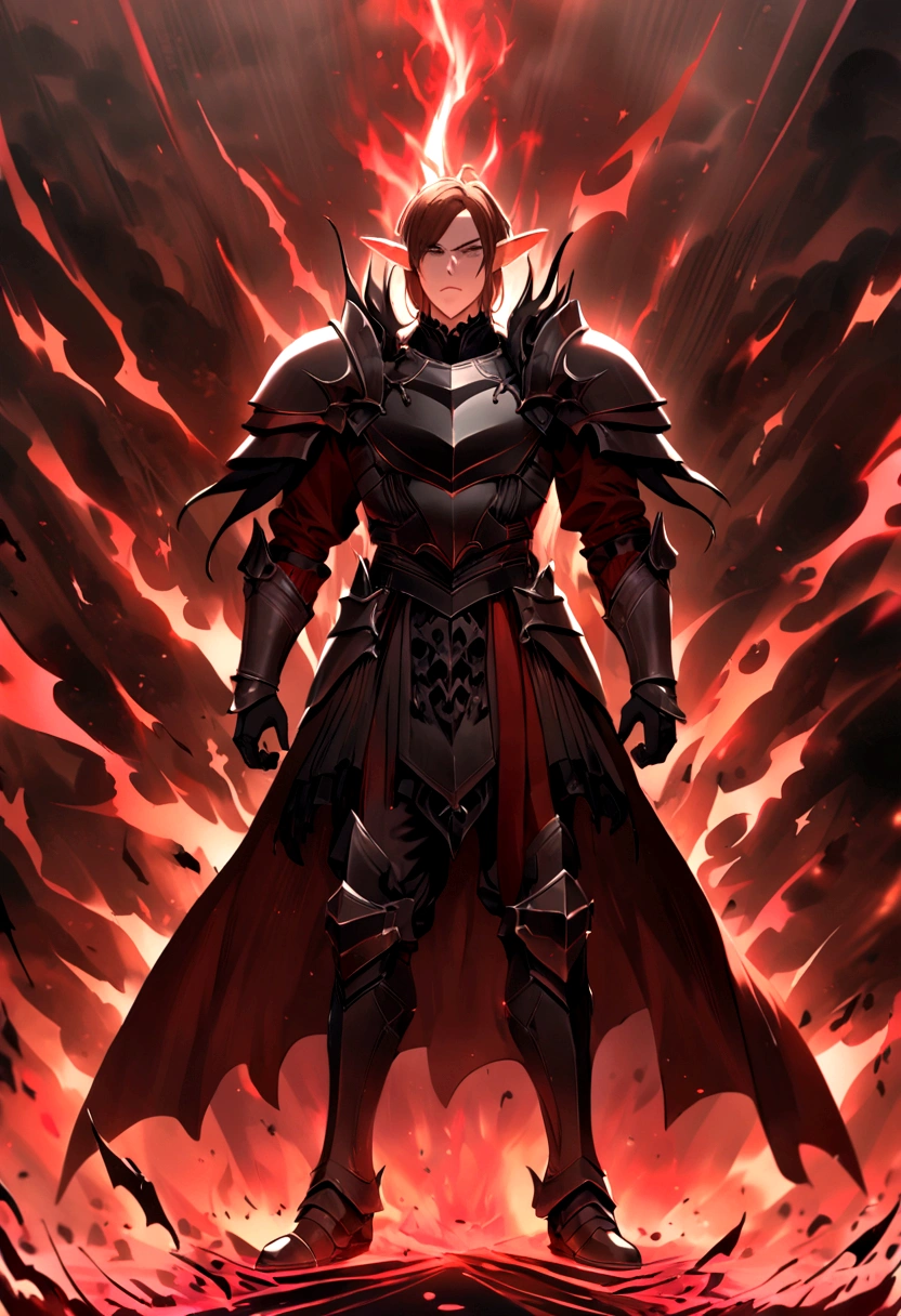 Portrait of a noble knight,Dignified,Royal Knights,armour,opulent,ultra - detailed,realisticlying, elf male, menacing red aura, long brown hair, full body