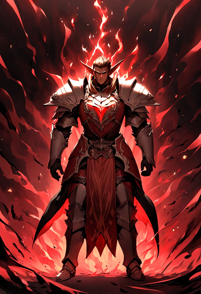 Portrait of a noble knight,Dignified,Royal Knights,armour,opulent,ultra - detailed,realisticlying, elf male, menacing red aura, long brown hair, full body