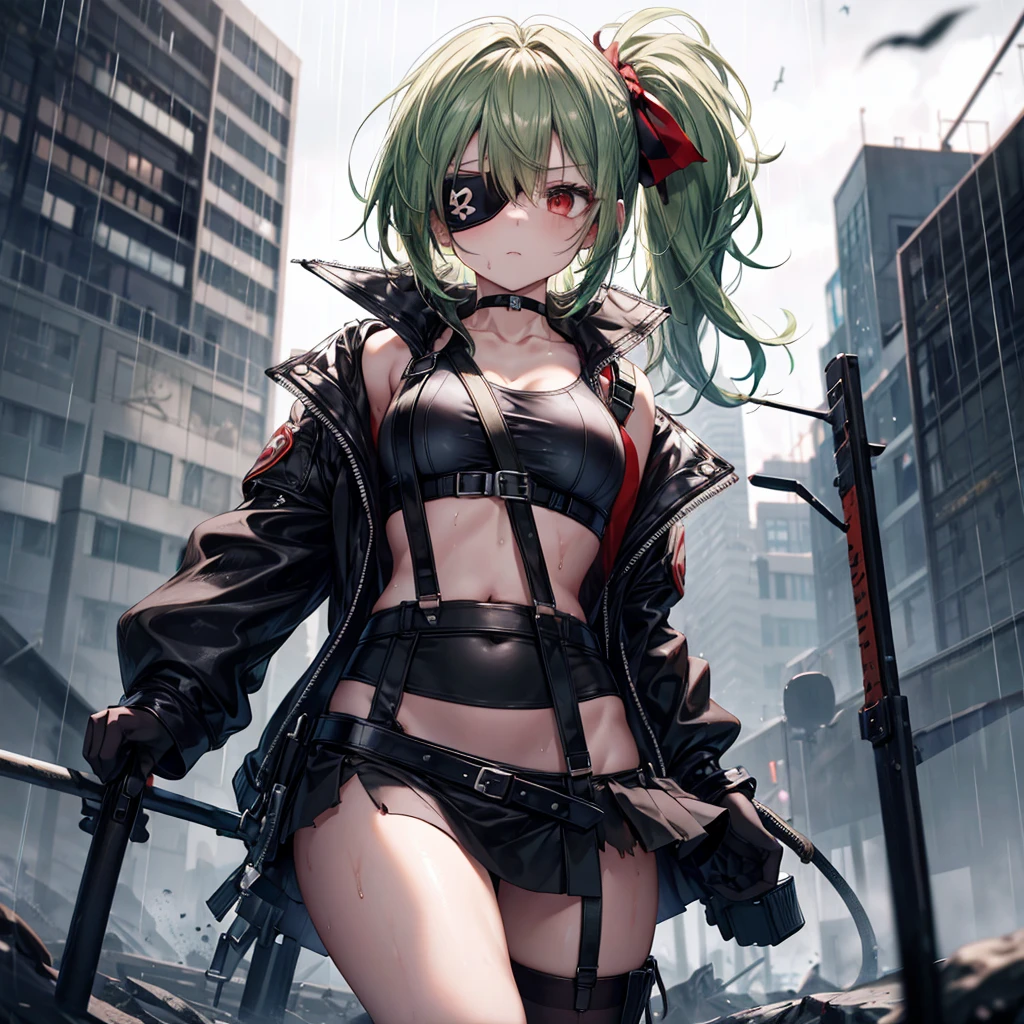 ((Highest quality)), ((masterpiece)), ((detailed)), (4K), 1woman, 独奏, ((eyepatch)), red eye, middle hair, messy hair, green hair, side ponytail, (fighter), crop top, leather jacket, medium breasts, see through, Torn miniskirt, suspender skirt, torn pantyhose, choker, bracelet, ((rain)), (wet), gloves, (expressionless), scowl, (from below), (looking down), face focus, looking at viewer, (open legs), fighting stance, wasteland, town, blurry background