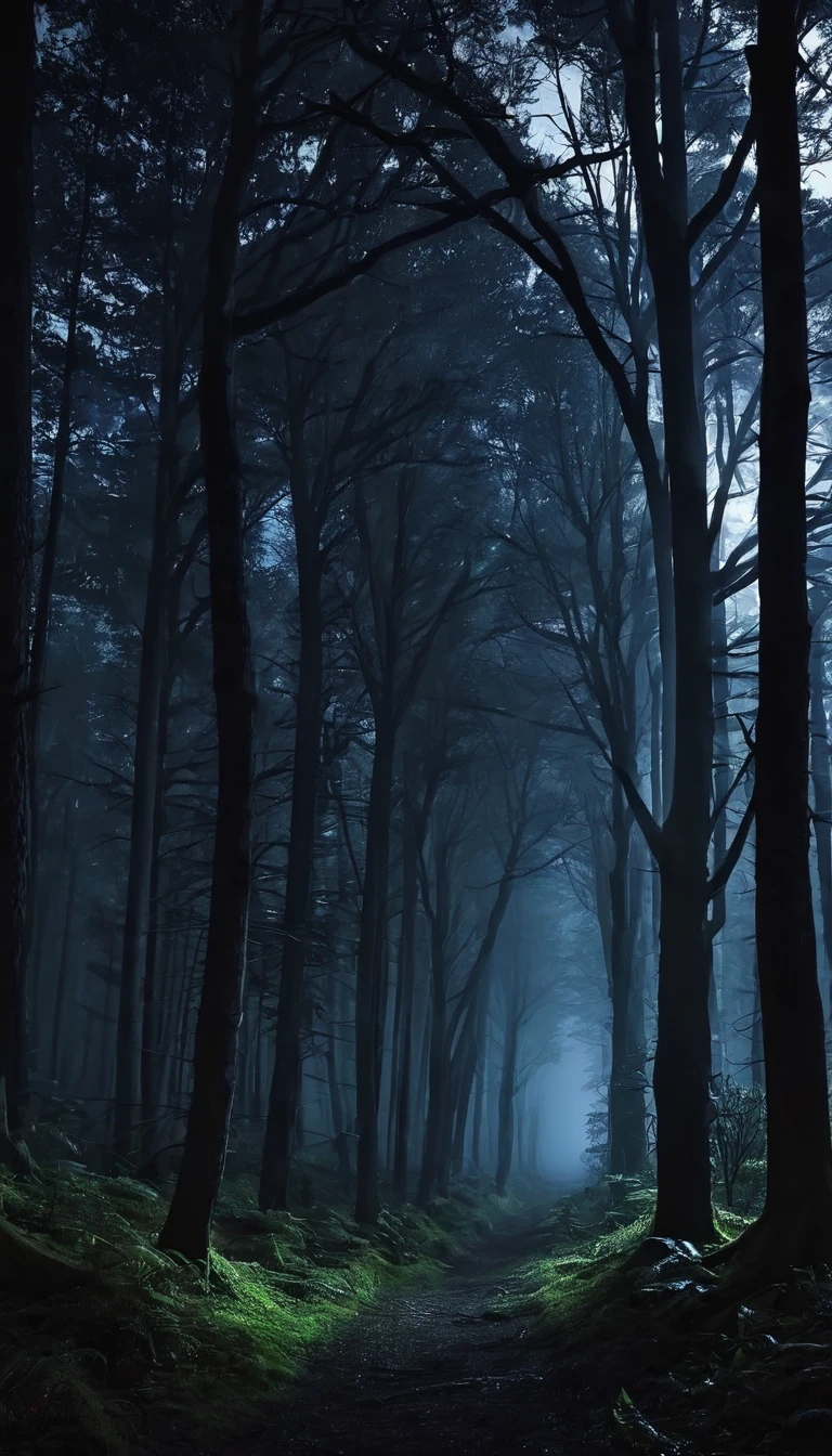 Dark Forest, night, It&#39;s dark outside, Only fireflies light up the forest, Mysterious lake, White butterfly flying to water lily
