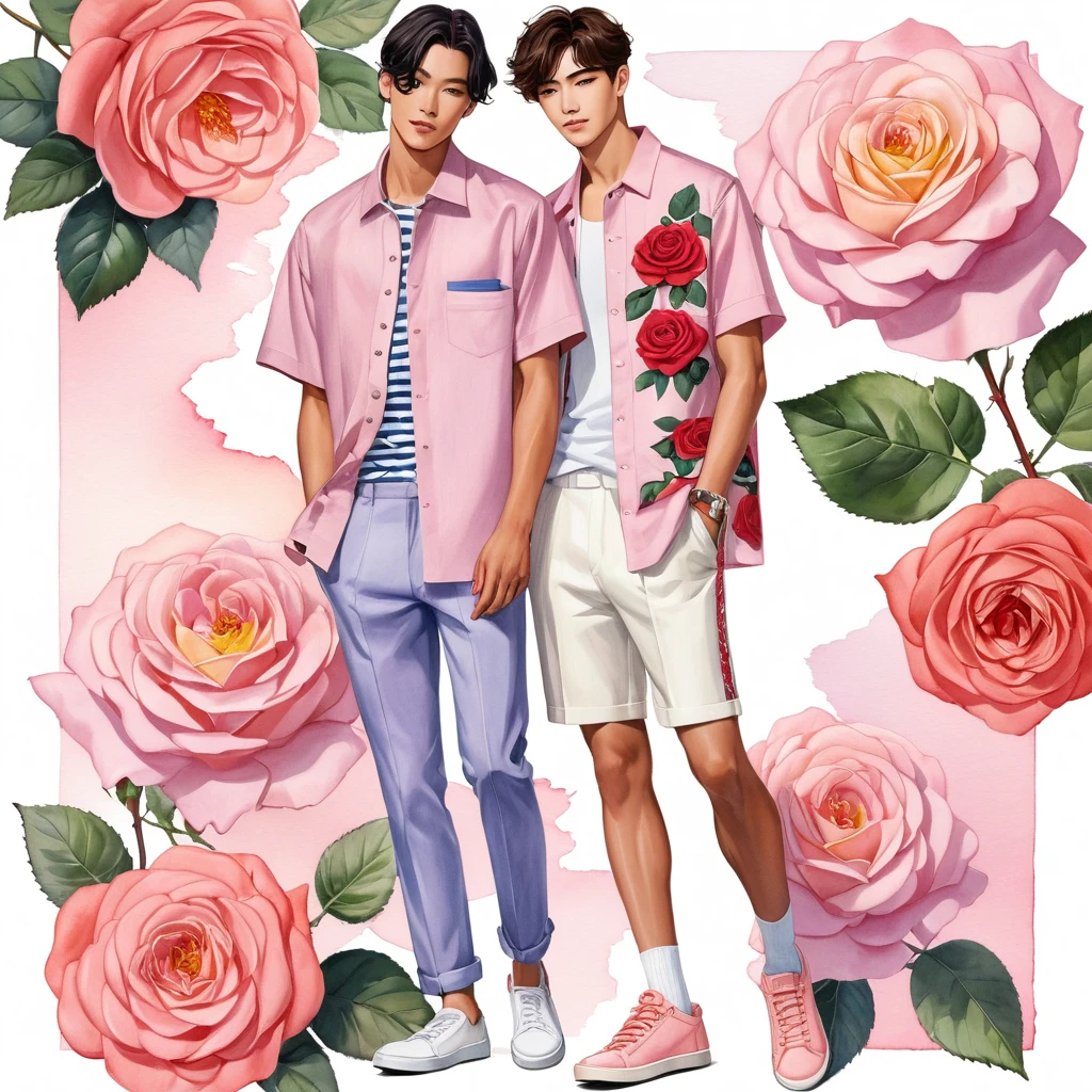 candid fashion illustration of young Mixed Japanese 2man, both aged 18-23 year old, ((showcase fashion look book in linen outfits)), the design inspired by David Austin rose Emma Bridgewater, in elegant chic style. The man wears an oversized short-sleeved shirt with a minimal embroidery details, paired with relaxed-fit white Short, He completes his look with sneakers. The boyfriend complements him in a fitted short in a stripe pattern, semi bulge, coral-pink sneakers, Captured in a low angle, ((full-body image)), ((roses motifs background)), fashion sketching, realistic drawing, ((imperfect water color drawing background)), fashion look book, fashion illustrator, fashion sketch design, gay, gay couple, The Emma Bridgewater rose by David Austin, lovely variety characterized by colors, (pink with a yellow button eye, brighter coral-pink tones, softening to mauve and lilac). The blooms are large, with many petals forming a classic, rosette shape. The color can range from a delicate, pale pink to a slightly deeper shade, depending on the growing conditions. This rose is appreciated for its charming appearance and delightful,