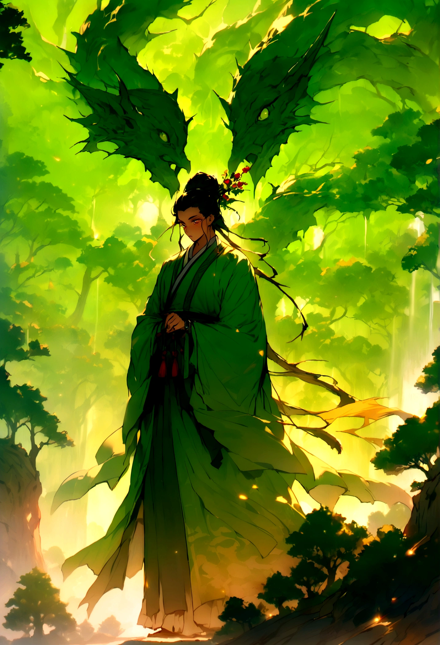(tmasterpiece), (Best quality), Cinematic quality,Rendered by Octane,Ultra-detailed details,1人,Face of a young man,Facial detail portrayal,Perfect facial features,(trees growing like crazy:1.5),mapu,wood chips,splash,The air is filled with green toxic gas,Particle,vines flying, staredown, watch audience, Ancient Chinese Hanfu,(Full body lesbian :1.3), (Behind him,There is a huge plate with classical pattern:1.5)