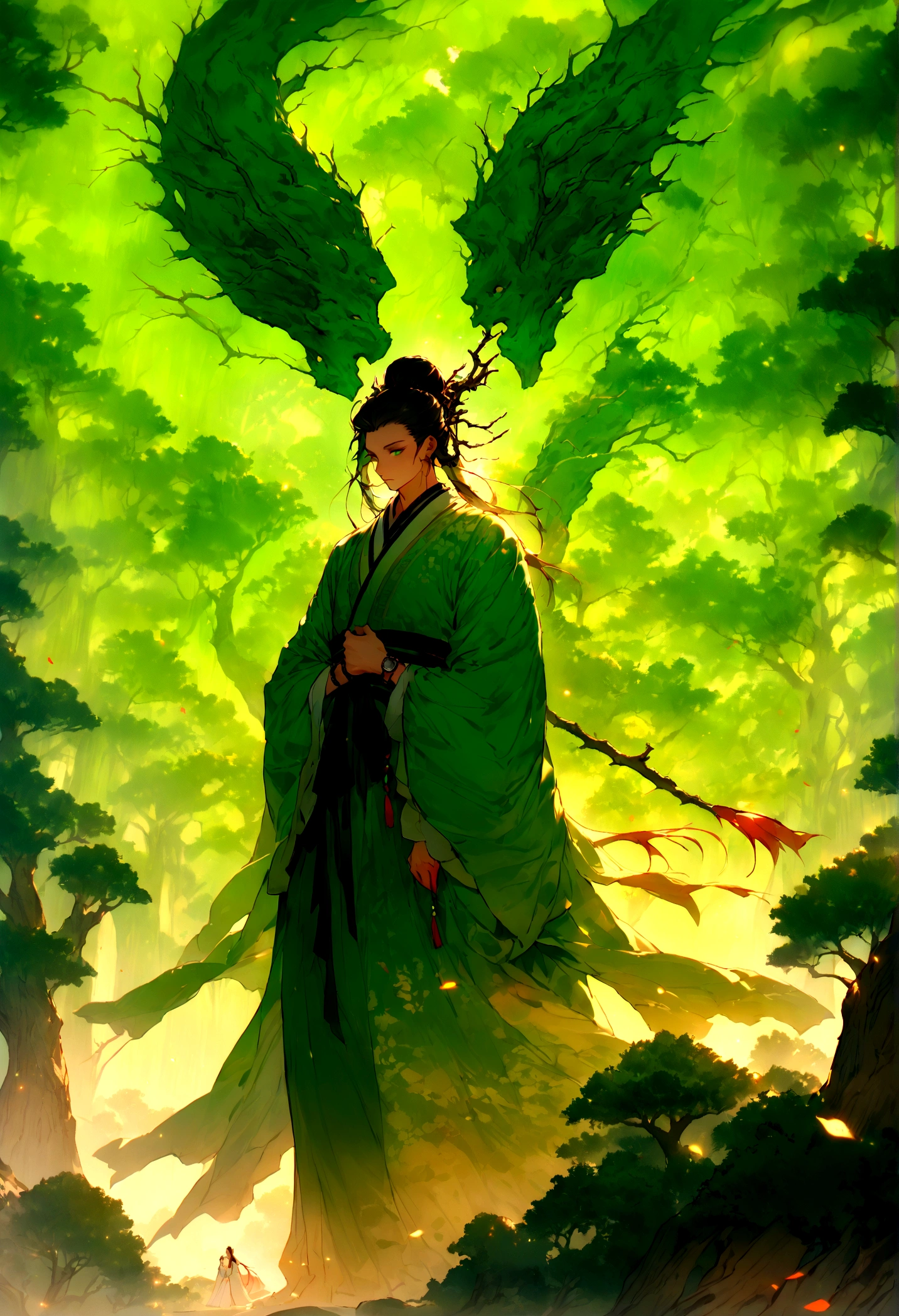 (tmasterpiece), (Best quality), Cinematic quality，Rendered by Octane，Ultra-detailed details，1人，Face of a young man，Facial detail portrayal，Perfect facial features,(trees growing like crazy:1.5)，mapu，wood chips，splash，The air is filled with green toxic gas，Particle，vines flying， staredown, watch audience, Ancient Chinese Hanfu,（Full body lesbian ：1.3）, （Behind him，There is a huge plate with  classical pattern：1.5）