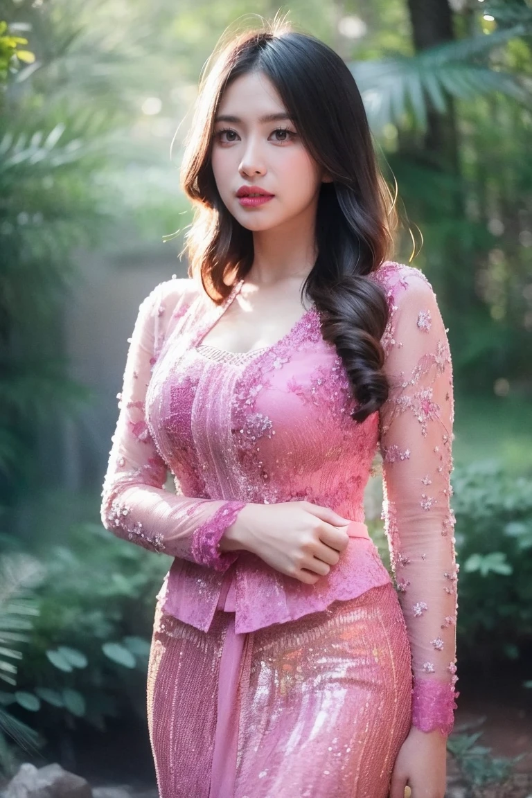 Create a photorealistic masterpiece of a beautiful woman with long hair wearing traditional Indonesian kebaya attire. Set her against a dark, forest backdrop with a captivating glow in the background and bokeh effect. Ensure the image quality is 8K with ultra-realistic details.,kebaya,kebaya indonesia