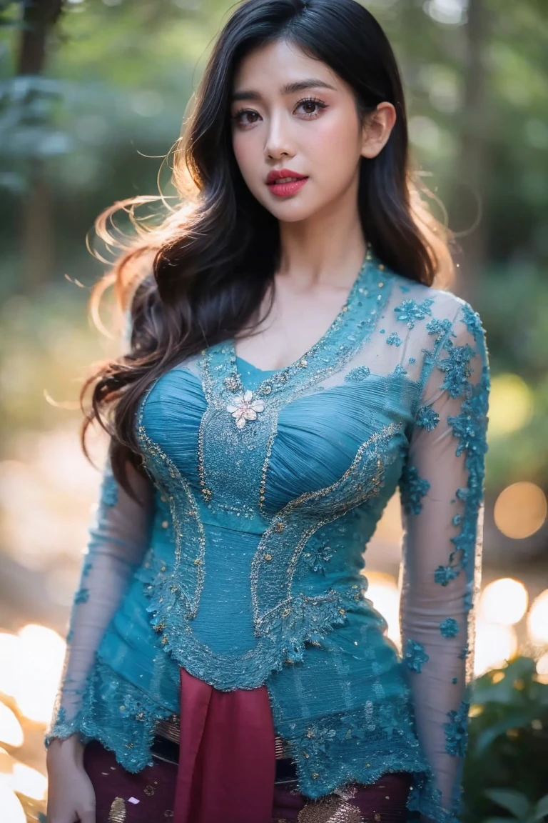 Create a photorealistic masterpiece of a beautiful woman with long hair wearing traditional Indonesian kebaya attire. Set her against a dark, forest backdrop with a captivating glow in the background and bokeh effect. Ensure the image quality is 8K with ultra-realistic details.,kebaya,kebaya indonesia