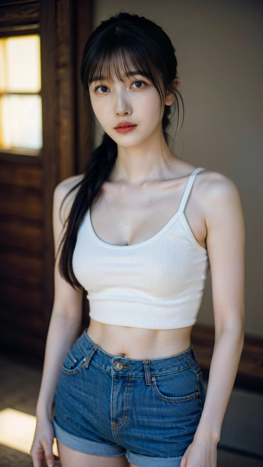 ((1girl)), woman, masterpiece, best quality, highest quality, cinematic lighting, (volumetric lighting), extremely detailed CG unity 8k wallpaper, focused, 8k wallpaper, extremely detailed, ultra realistic, photorealistic, sharp focus, absurdres, (HDR:1.2), (high contrast), photograph, detailed and intricate, instagram, portrait, highly detailed, digital painting, artstation, concept art, smooth, sharp focus, illustration, cinematic lighting, (big :1.2), (((skinny, super slim legs))), (japanese idol posture), (knit strap tanktop, short pants, cleavaking at the viewer, (I don't see arms)), ((Standing)), ((Medium body shot, hip level shot))