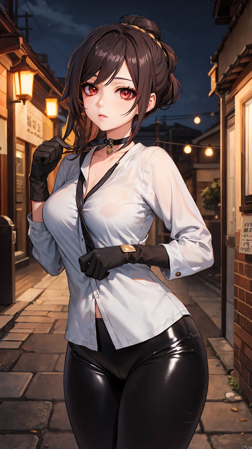 1 girl, Chiori \(genshin impact\), Alone, choker:1.6, White long sleeve shirt with long sleeve collar, black gloves that cover your hands, shiny black leggings, looking at the viewer,, inside, depth of field, expressionless, alley, at night