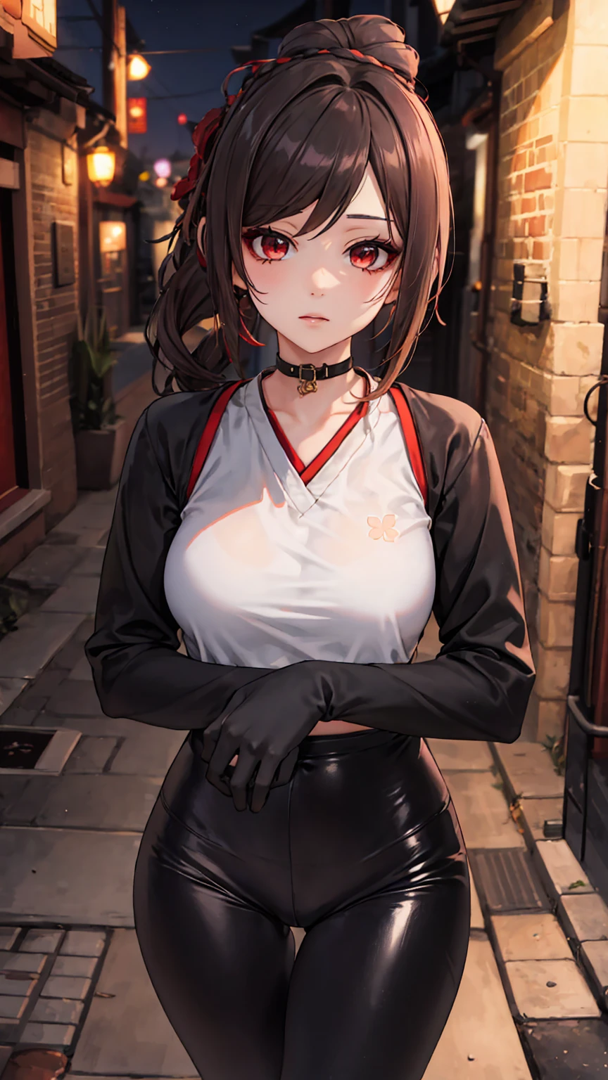 1 girl, Chiori \(genshin impact\), Alone, choker:1.6, White long sleeve shirt with long sleeve collar, black gloves that cover your hands, shiny black leggings, looking at the viewer,, inside, depth of field, expressionless, alley, at night