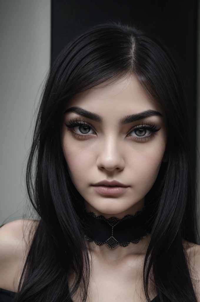 ((best quality)), ((masterpiece)), (detailed), perfect face, Intense black hair at the height of the chin, bangs at the height of the eyebrow. Pale and cold skin, empty eyes and intense gaze, dark color. Long and thin eyelashes. A small mole under her right eye. Wears a choker and usually gothic makeup. Tight-fitting clothes, not revealing. Medium complexion and curvy