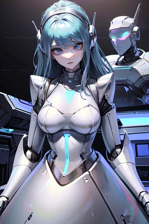 empty eyes,robotized woman ,big bust,Robot Joint ,Metal skin,dress,android,Robot Suit
