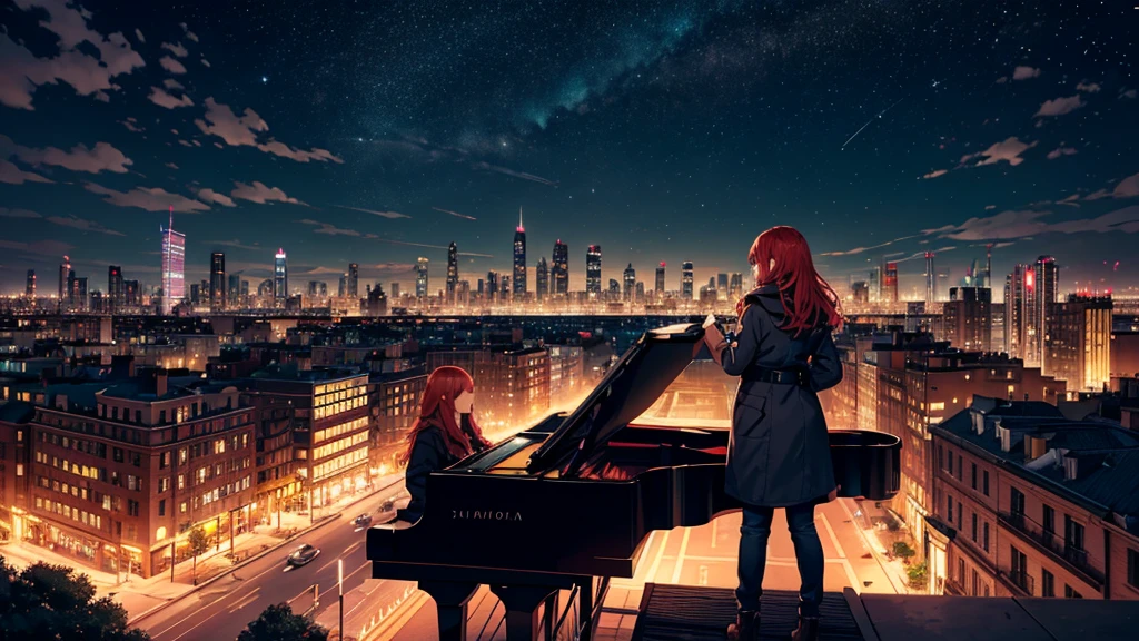 Create a detailed illustration of a vast urban landscape with numerous buildings, focusing on a nighttime city. In the distance, on the rooftop of one of the buildings, there should be a girl with long red hair playing the piano. The cityscape features a mix of architectural styles, with tall skyscrapers and smaller buildings creating a dynamic skyline. The atmosphere is serene and slightly melancholic, with the city illuminated by soft lights from the buildings' windows and streetlights. The girl on a rooftop in the distance should be clearly visible, playing a grand piano under the glow of the city lights. A few birds can be seen flying in the sky. There are small parks and green spaces interspersed among the buildings, providing a touch of nature within the urban environment. The sky is filled with stars, adding to the tranquil atmosphere of the scene. The image should convey a moment of peace in the midst of a chaotic and difficult day.
