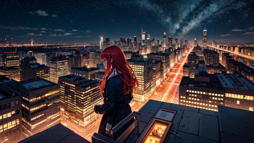 Create a detailed illustration of a vast urban landscape with numerous buildings, focusing on a nighttime city. In the distance, on the rooftop of one of the buildings, there should be a girl with long red hair playing the piano. The cityscape features a mix of architectural styles, with tall skyscrapers and smaller buildings creating a dynamic skyline. The atmosphere is serene and slightly melancholic, with the city illuminated by soft lights from the buildings' windows and streetlights. The girl on a rooftop in the distance should be clearly visible, playing a grand piano under the glow of the city lights. A few birds can be seen flying in the sky. There are small parks and green spaces interspersed among the buildings, providing a touch of nature within the urban environment. The sky is filled with stars, adding to the tranquil atmosphere of the scene. The image should convey a moment of peace in the midst of a chaotic and difficult day.