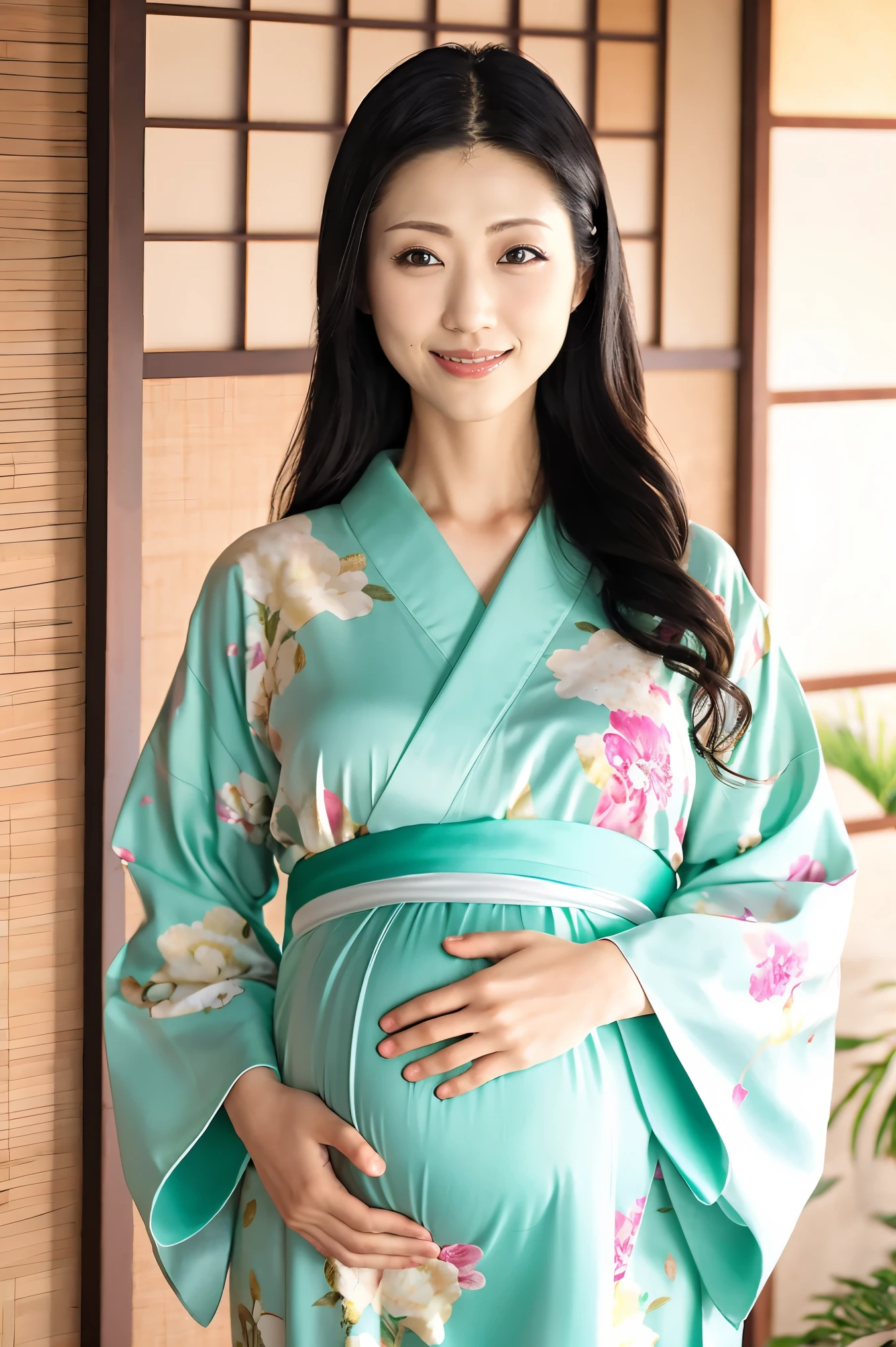 (Highest quality、Tabletop、8K、Best image quality、Award-winning works)、(One beautiful mature woman:1.1)、Adult face、(Innkeeper:1.1)、(Elegant floral kimono:1.2)、(A kimono with a perfect and precise collar:1.2)、Perfect mature woman portrait photo、Glowing Skin、Standing Elegantly、(Blurred elegant and exquisite perfect Japanese style room background:1.3)、(The most natural and perfect tidy Japanese style room background:1.2)、Glowing White Skin、Very white skin、(Accentuate your body lines:1.1)、(The most graceful posture:1.2)、(Large Breasts:1.2)、A perfect smile、Perfect beautiful glossy lips、(Accurate anatomy:1.1)、(A perfect and elegant kimono:1.1)、(Standing with good posture:1.1)、(Face close-up:1.1)、(A little pregnant:1.1)、(Natural pregnancy belly swelling:1.1)
